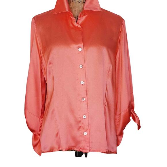 Vintage Finley USA Salmon Silk Long Sleeve Tie Sleeve Abalone Buttons Blouse LG - Picture 4 of 13